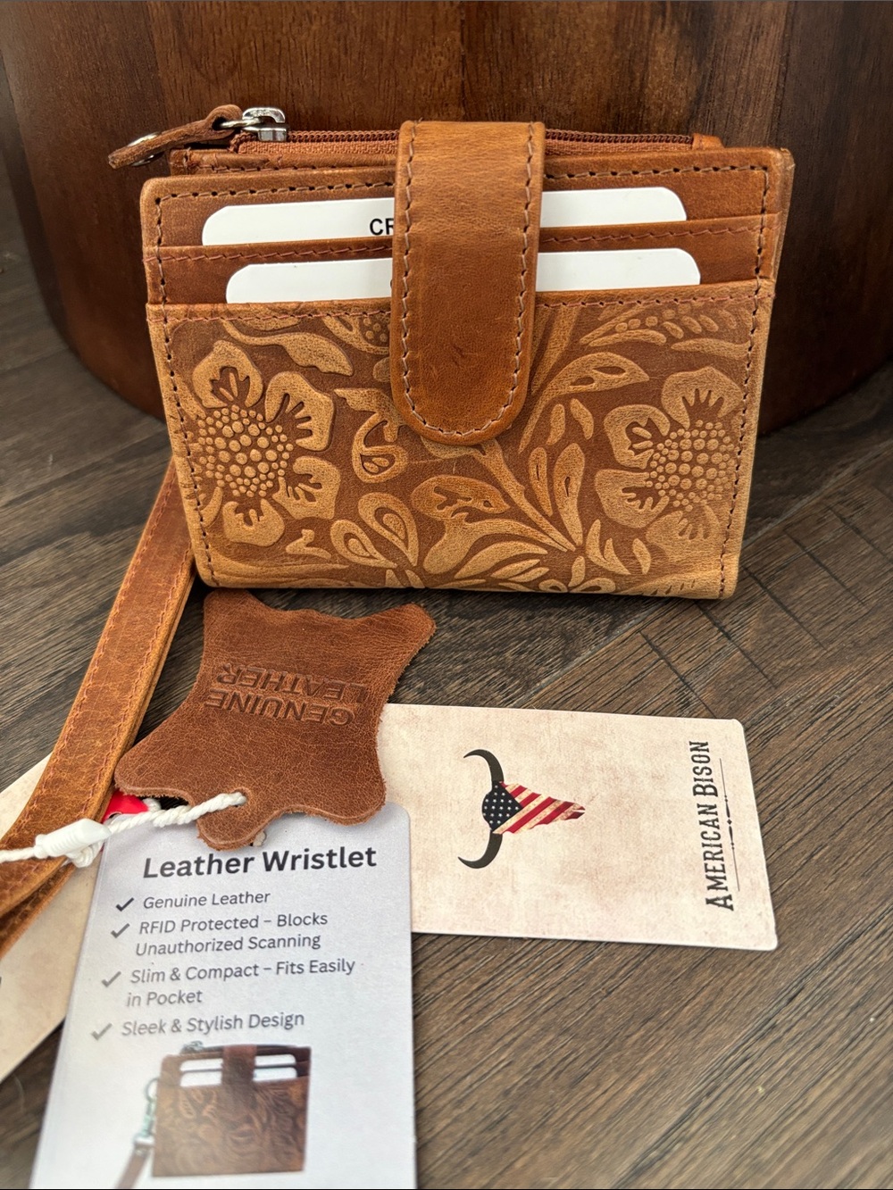 American Bison Genuine leather,RFID,snap & zip close,4 card,ID,bill slot,coin
